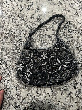 Embellished Black Beaded Floral Evening Wristlet